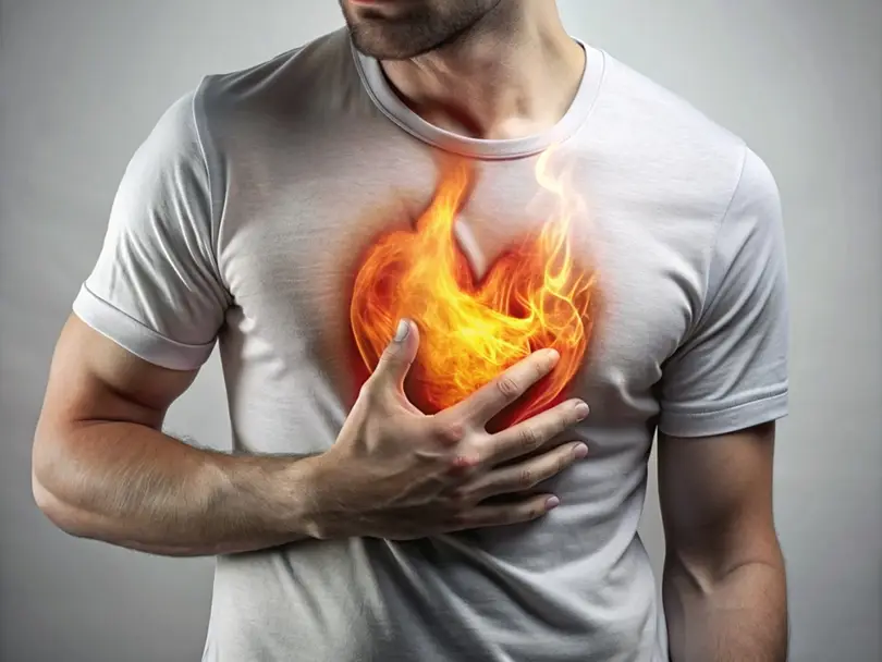 It usually starts as a burning behind the breastbone, often after eating or when lying down.