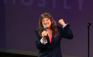 Before Karin Babbitt ever gets into the craft of comedy or the shape of a story, she begins with identity