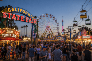 Thousands of people pour through the gates of the California State Fair carrying oversized drinks