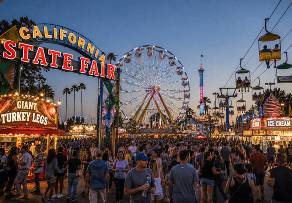 Thousands of people pour through the gates of the California State Fair carrying oversized drinks
