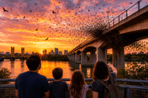 The real show begins after sunset. First, a few bats appear from the narrow openings under the bridge.