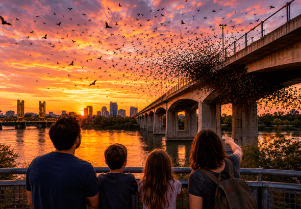 The real show begins after sunset. First, a few bats appear from the narrow openings under the bridge.